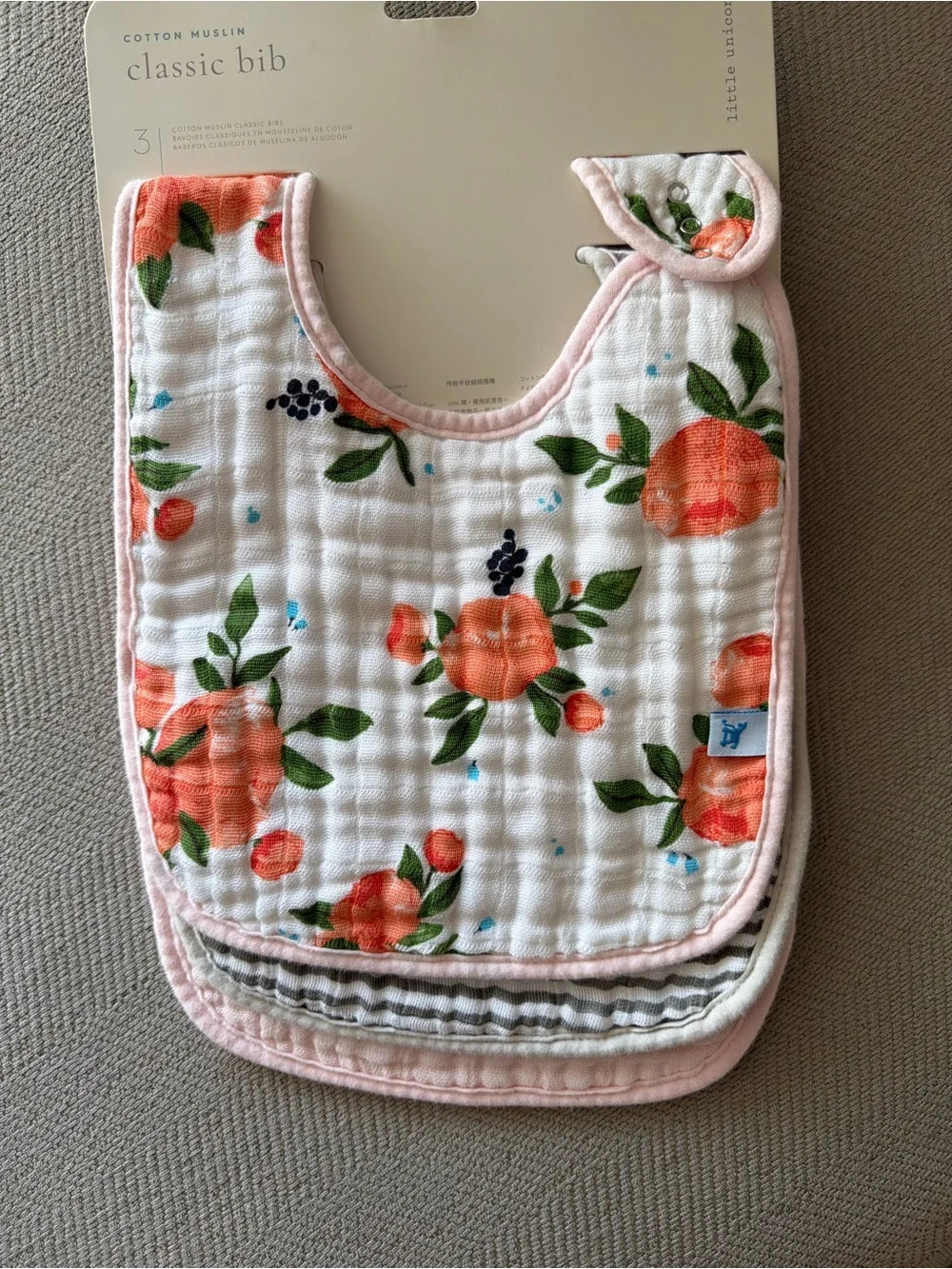 Classic Cotton Muslin Baby Bib Set - Peach Floral (3-Pack)